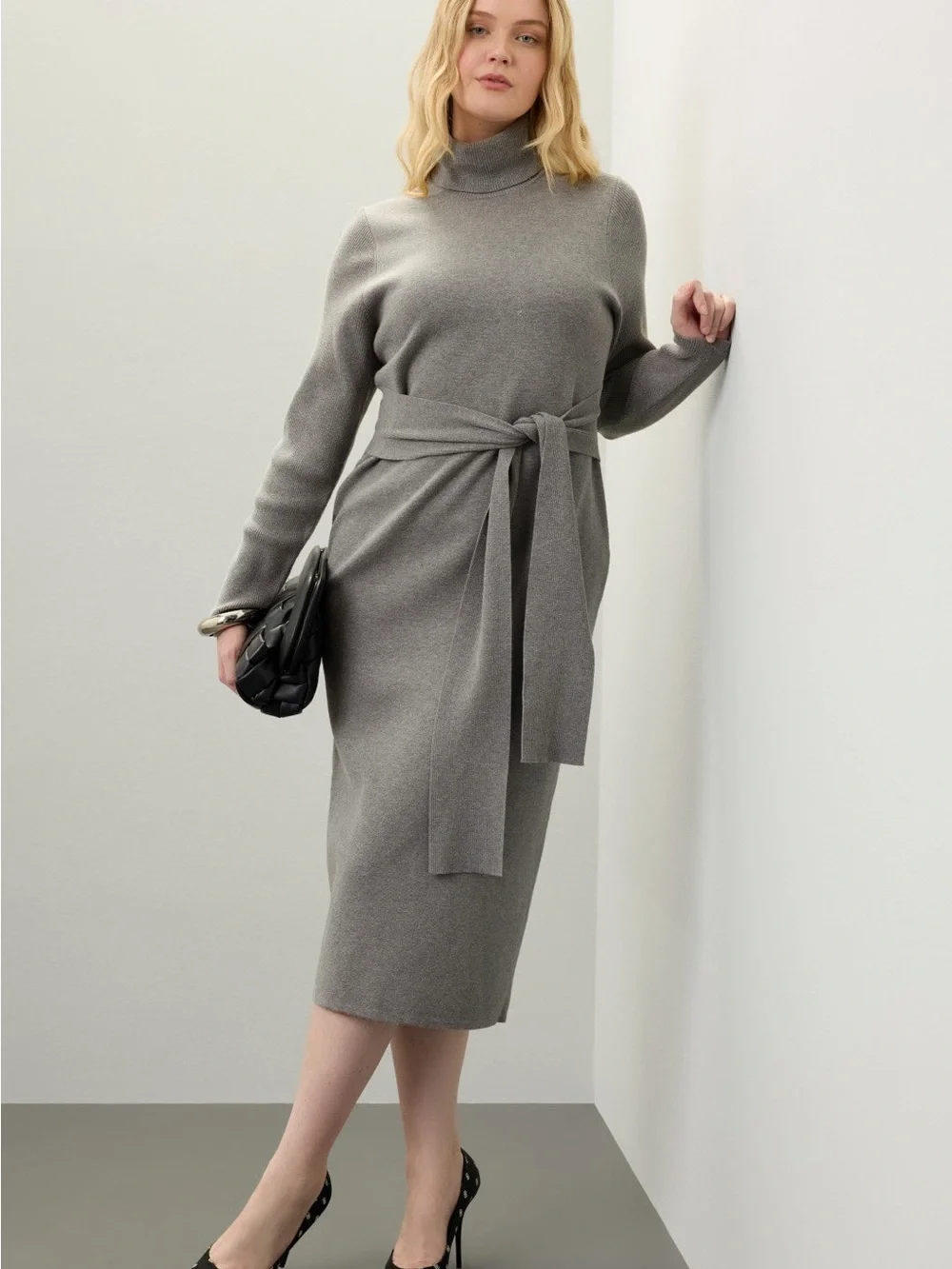 Turtleneck Tie-Waist Knit Midi Dress - Gray - Picture 6 of 9